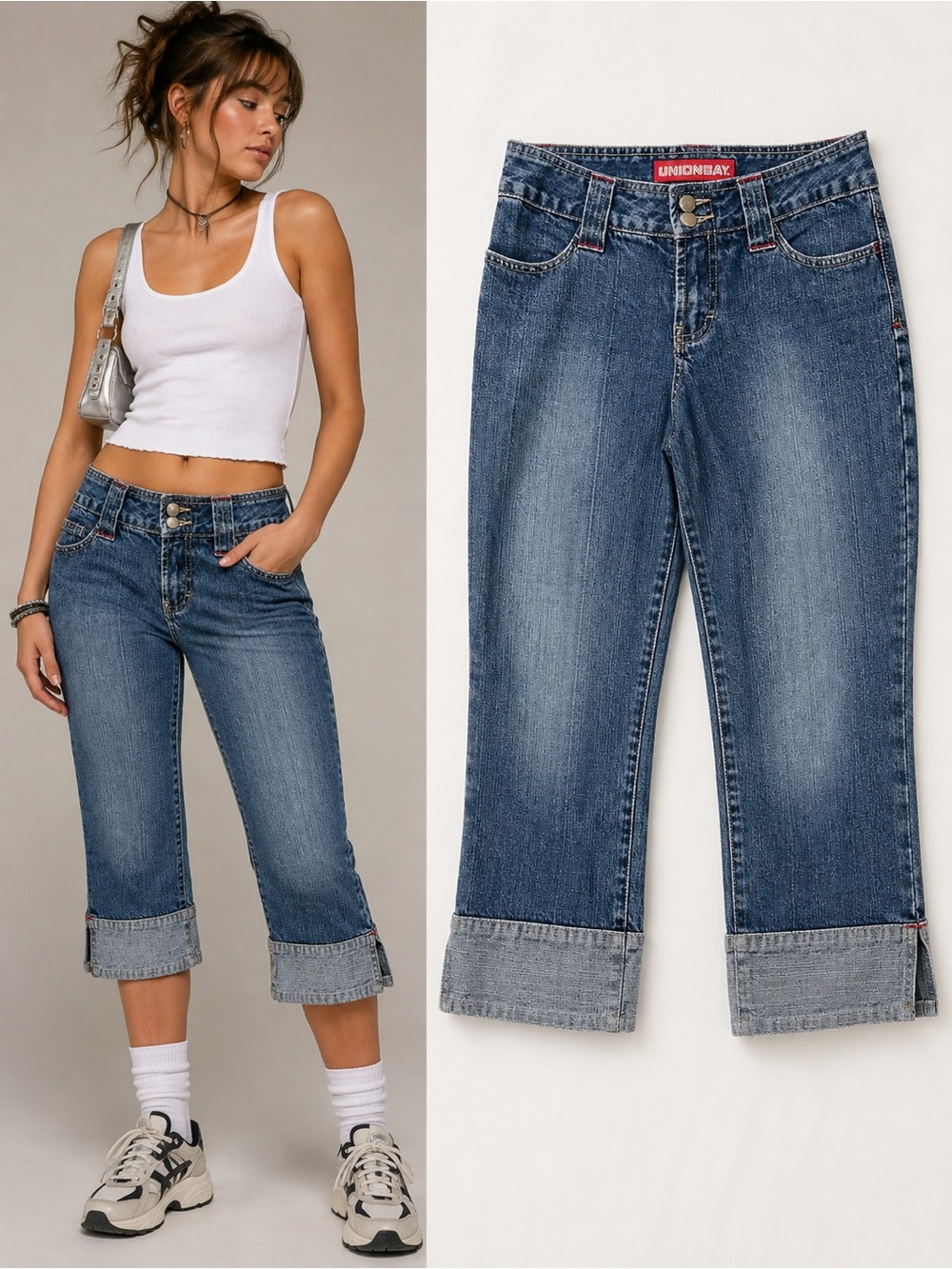 Y2K Unionbay Capri Jeans Womens 28 Cuffed Crop Denim Double Button Skater 2000s